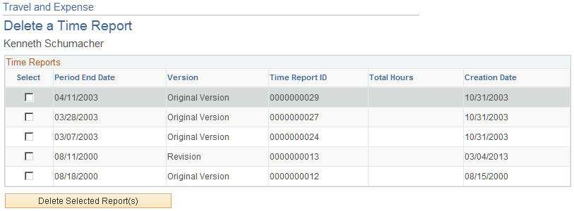 Travel and Expense - Delete Time Report page