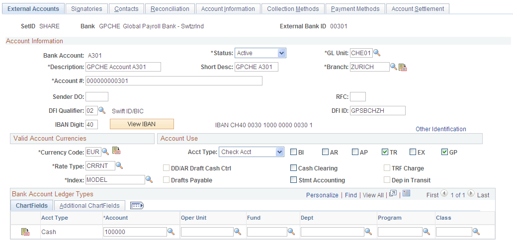 Example of External Accounts page designated for Global Payroll