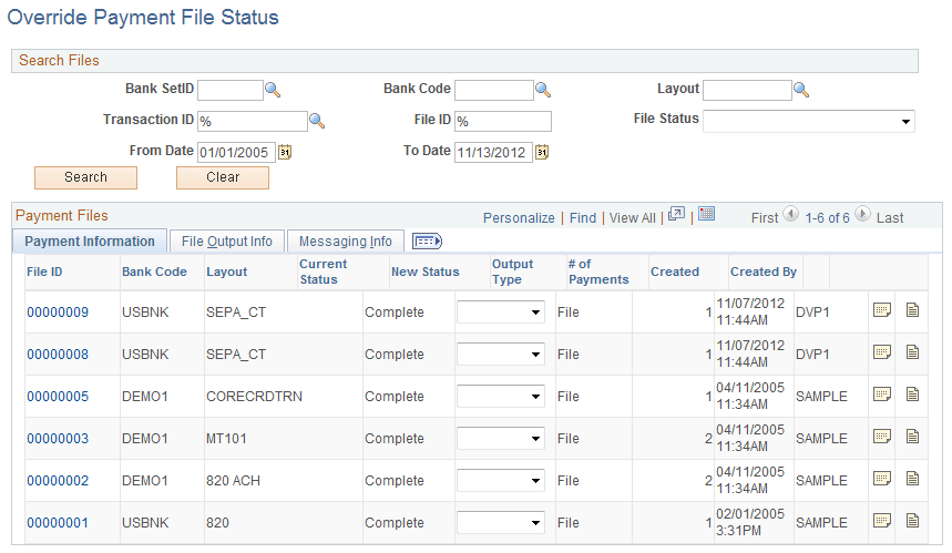 Override Payment File Status page