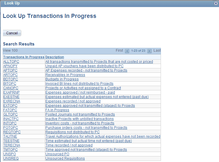Look Up Transactions in Progress search page