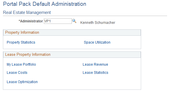 Portal Pack Default Administration - Real Estate Management page