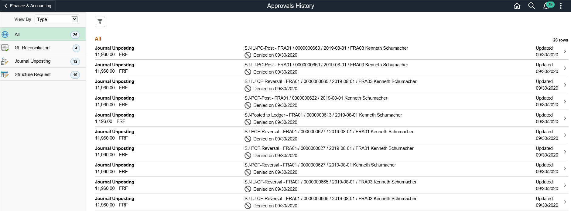 Approvals History (summary) Page