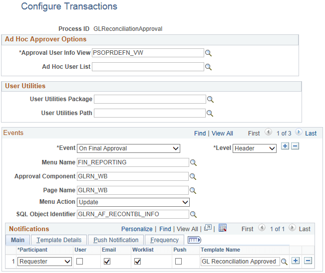 Configure Transactions page (GLReconciliationApproval)