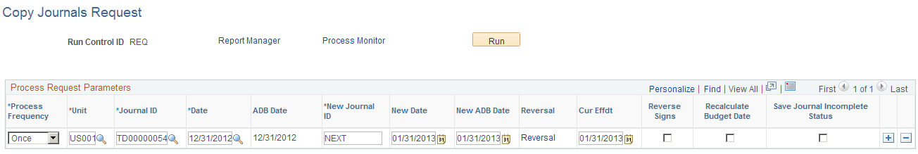 Copy Journals Request page