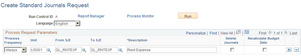 Create Standard Journals Request page