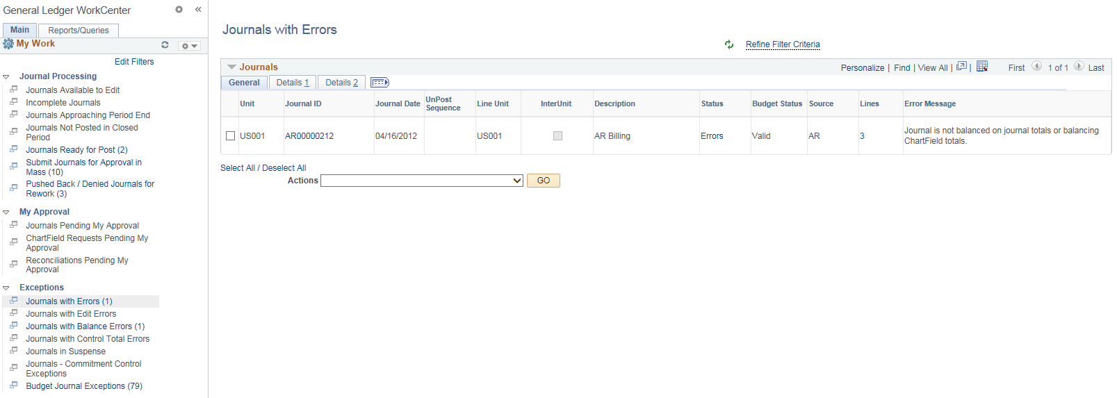 General Ledger WorkCenter - Journals with Errors