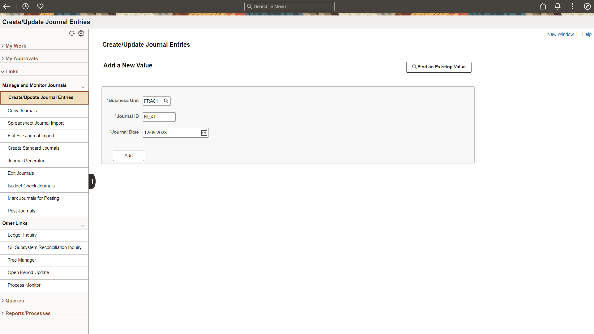 General Ledger WorkCenter - Links (Fluid)