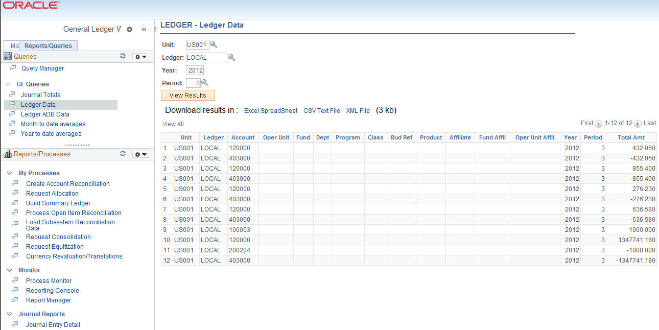 General Ledger WorkCenter - Queries Pagelet