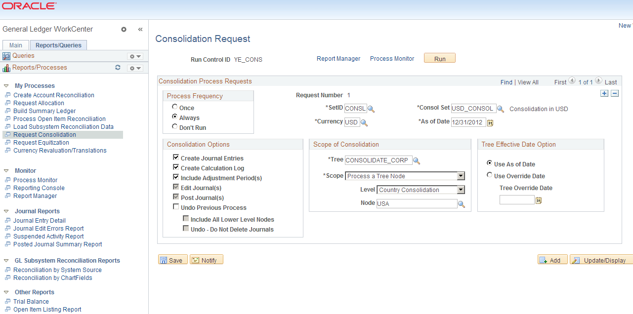 General Ledger WorkCenter - Reports and Processes Pagelet