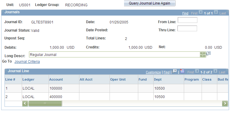 Journal Lines Inquiry page
