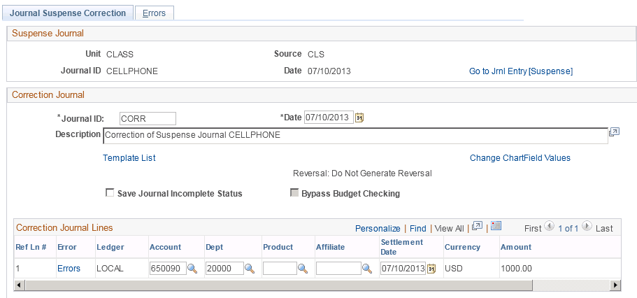 Journal Suspense Correction page