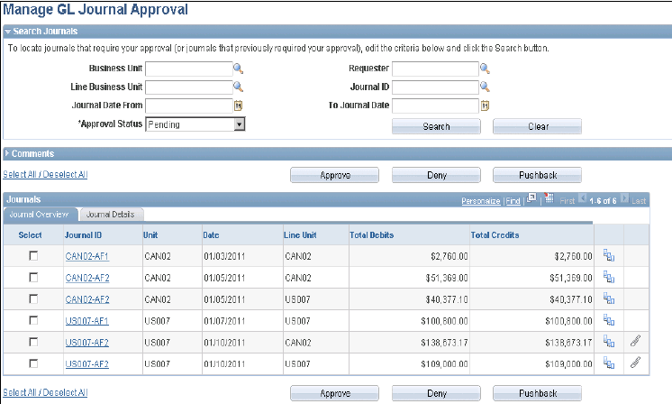 Manage GL Journal Approval page