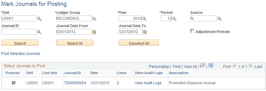 Mark Journals for Posting page