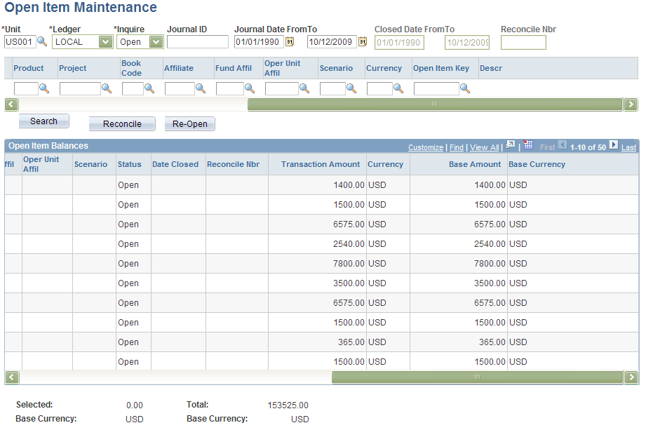 Open Item Maintenance page (2 of 2)