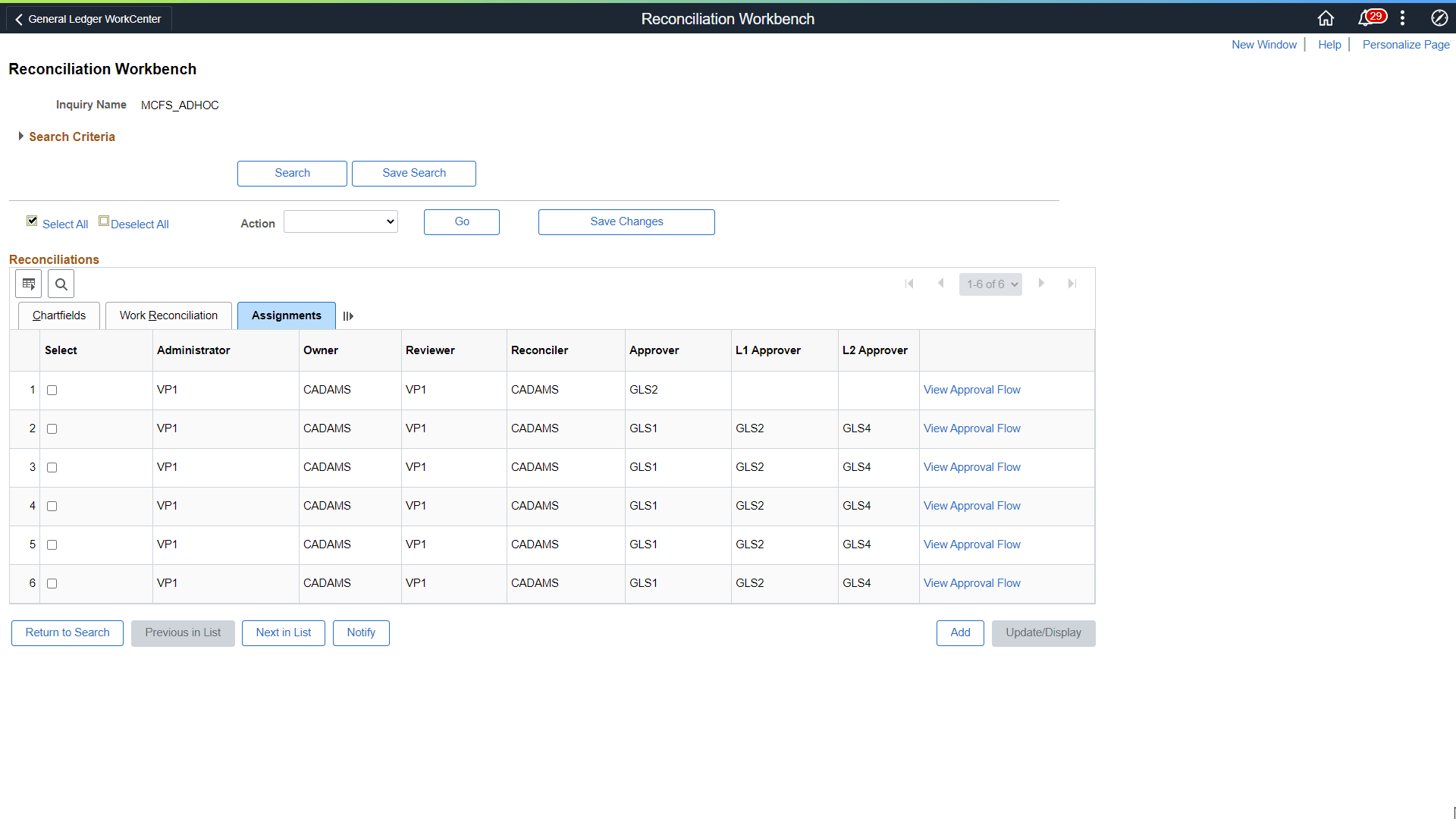 Reconciliation Workbench - Assignments tab