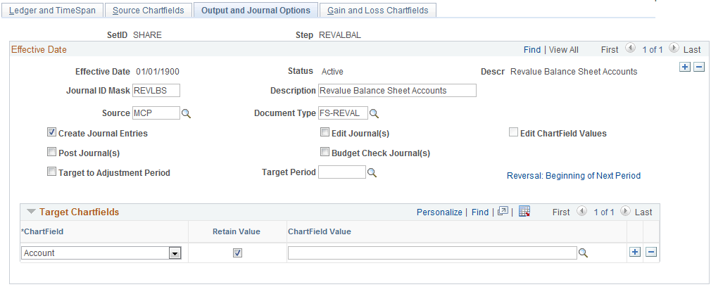 Revaluation Step - Output and Journal Options page