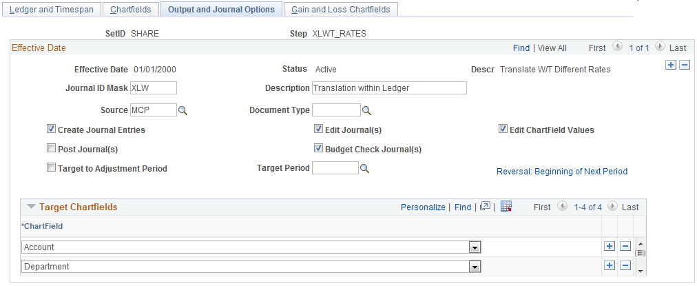 Translate Within Ledger - Output and Journal Options page