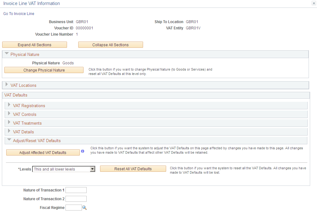 Invoice Line VAT Information page (1 of 2) accessed from the voucher line in PeopleSoft Payables