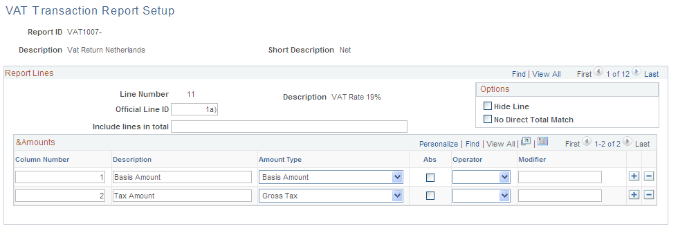VAT Transaction Report Setup page