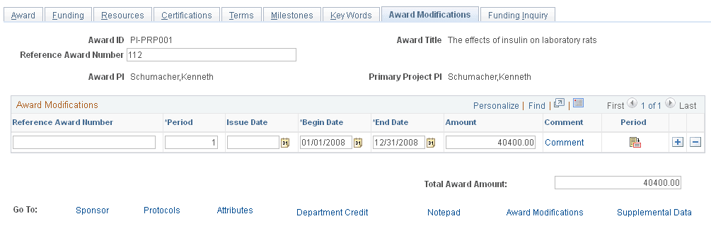 Award - Award Modifications page
