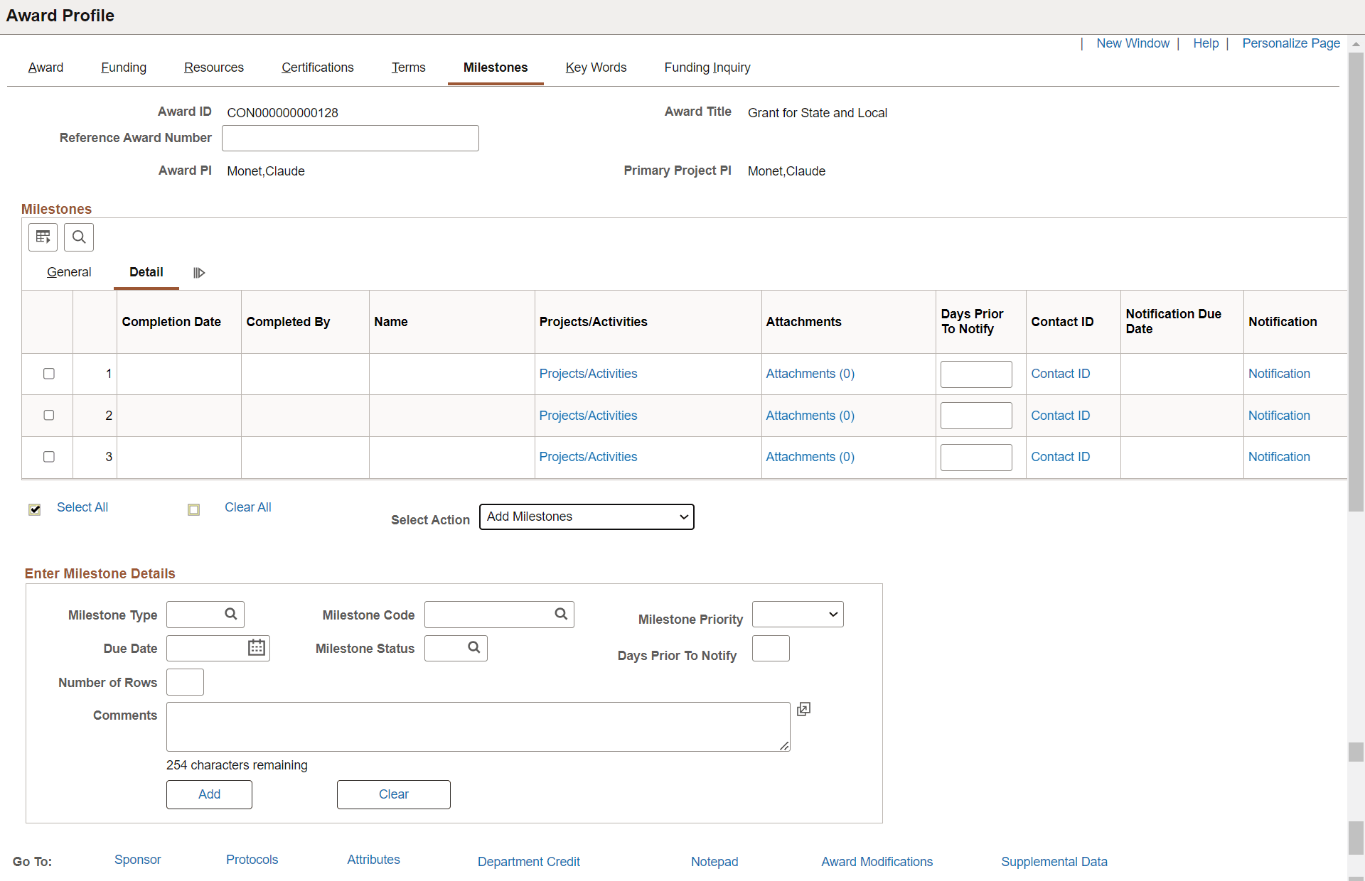 Award - Milestones page (Add Milestones)