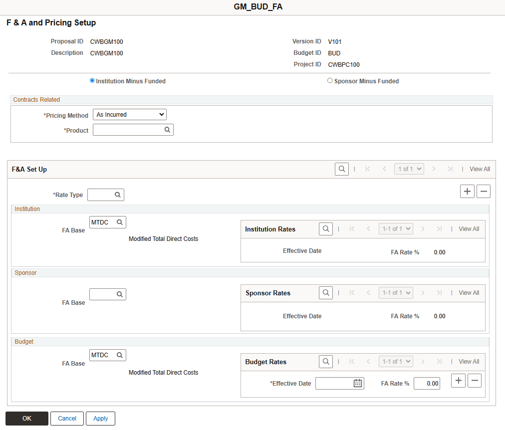 F and A and Pricing Setup page