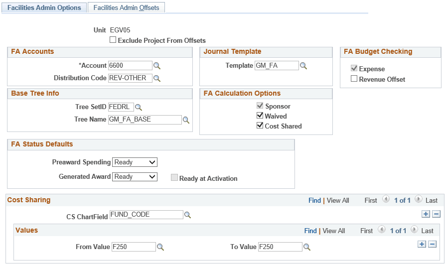 Facilities Admin Options page