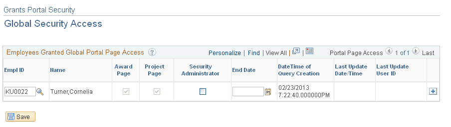 Grants Portal Security - Global Security Access page