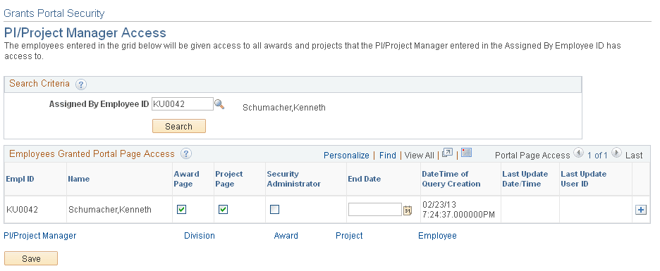 Grants Portal Security - PI/Project Manager Access page