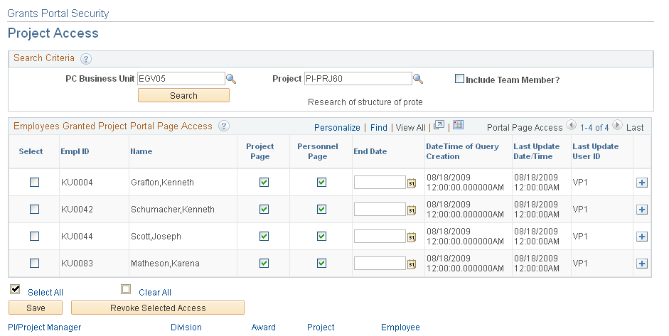 Grants Portal Security - Project Access page