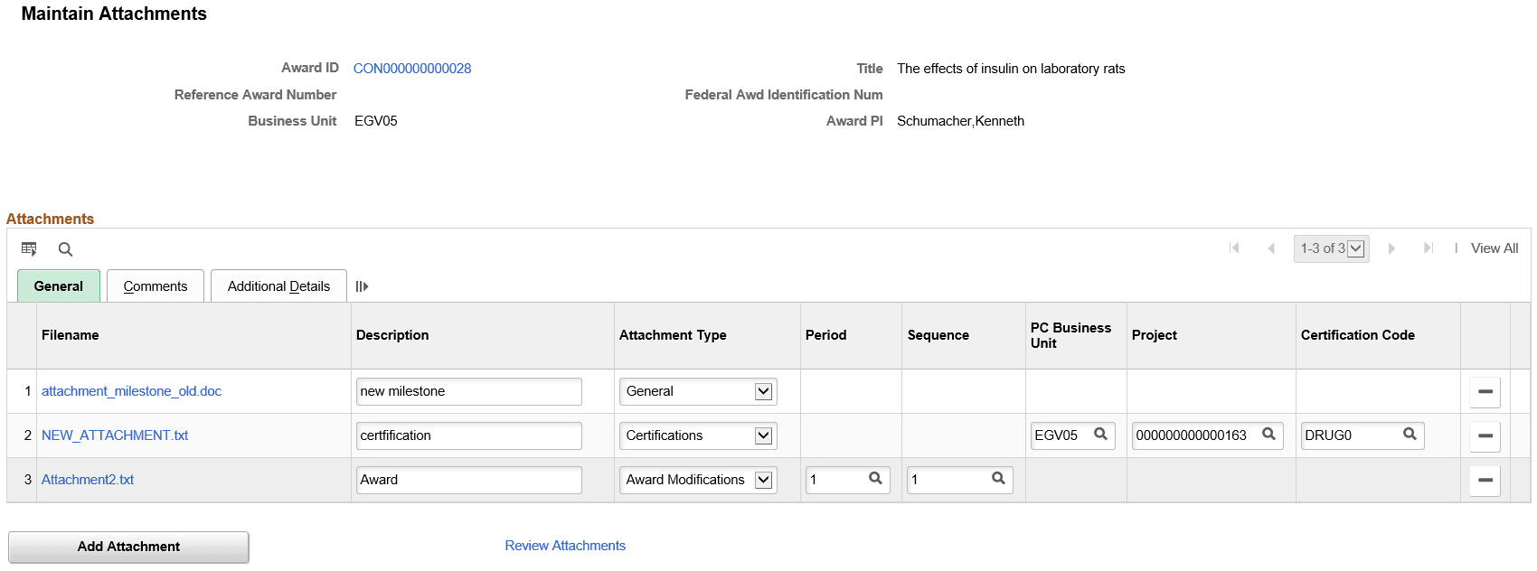 Maintain Attachments Page
