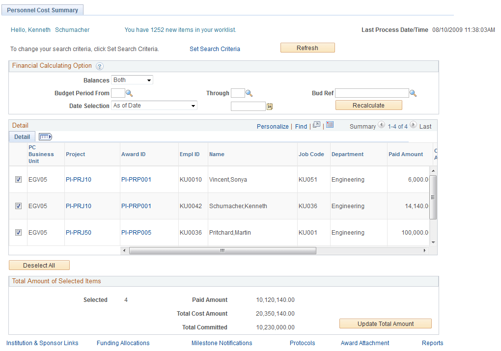 Personnel Cost Summary page