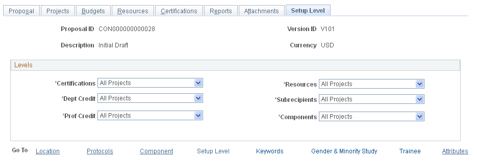 Proposal - Setup Level page