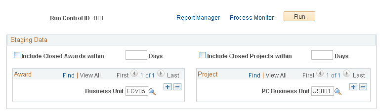 Staging Award/Project Data page