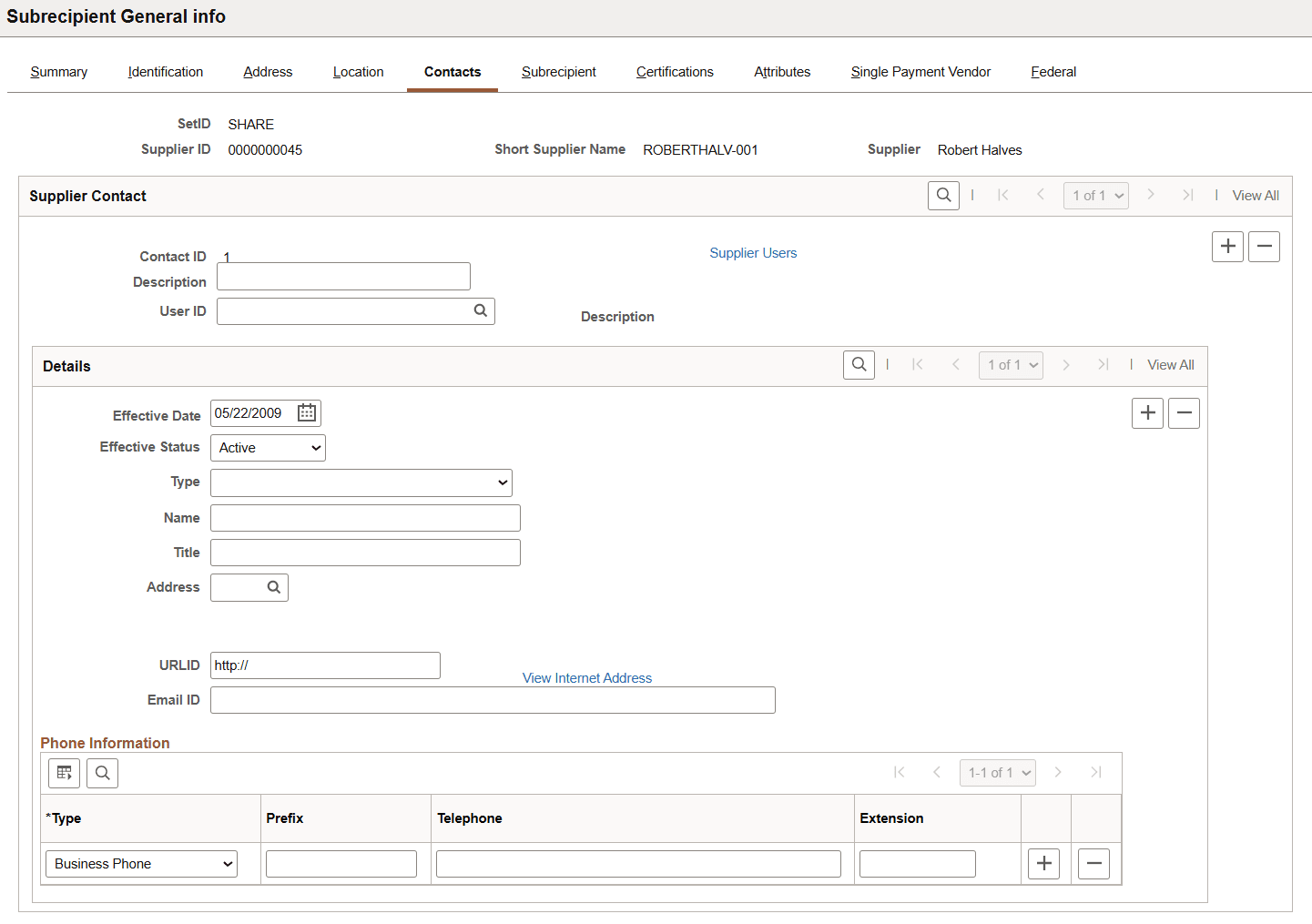 Subrecipients - Contacts page