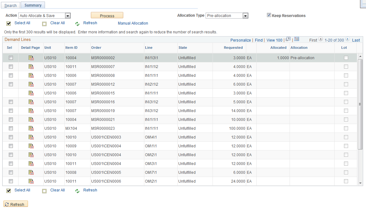Allocation Workbench - Summary page