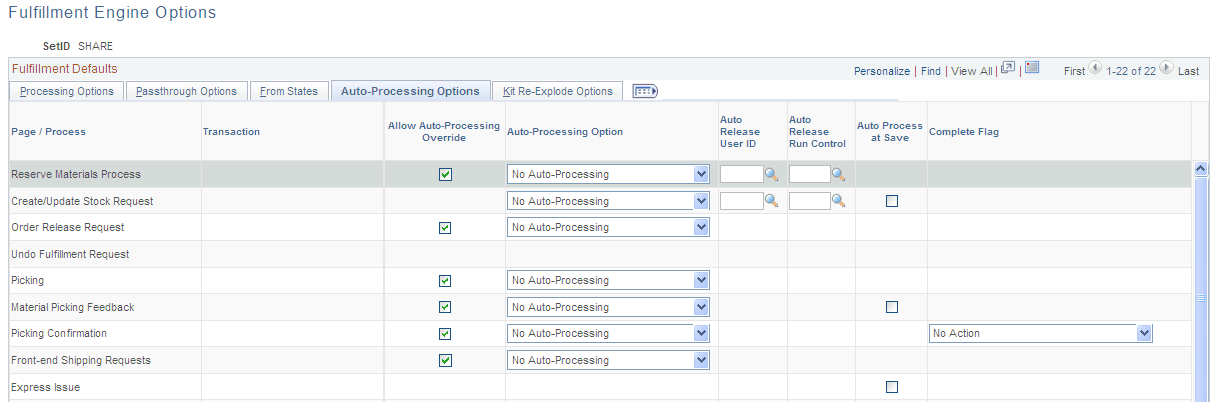 Auto-Processing Options tab of the Fulfillment Engine Options page (page 1 of 2)