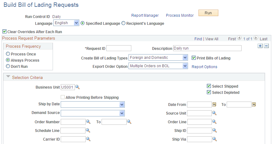 Build Bill of Lading Requests process page (1 of 2)
