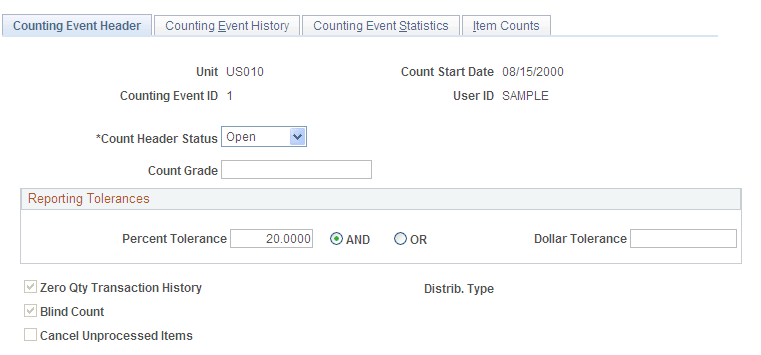 Counting Event Header page