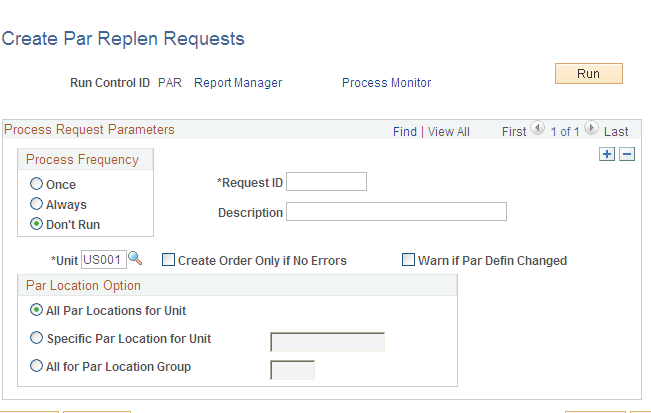 Create Par Replenishment Requests process page