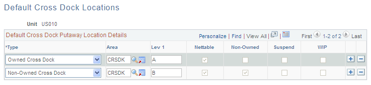 Default Cross Dock Locations page