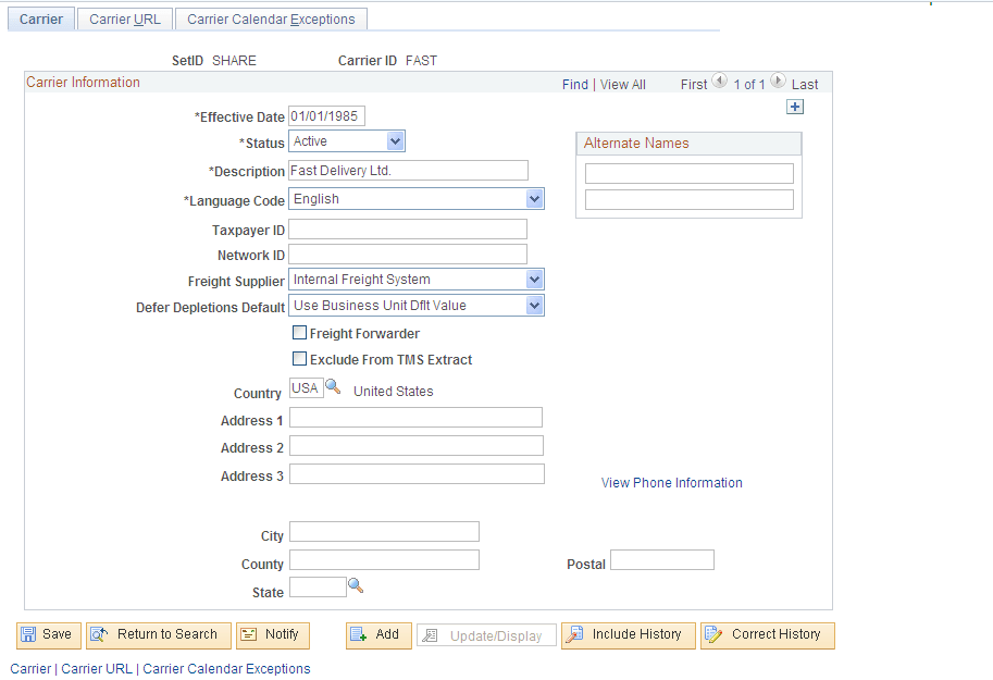 The Defer Depletions Default field on the Carrier page within the Carrier Table component.