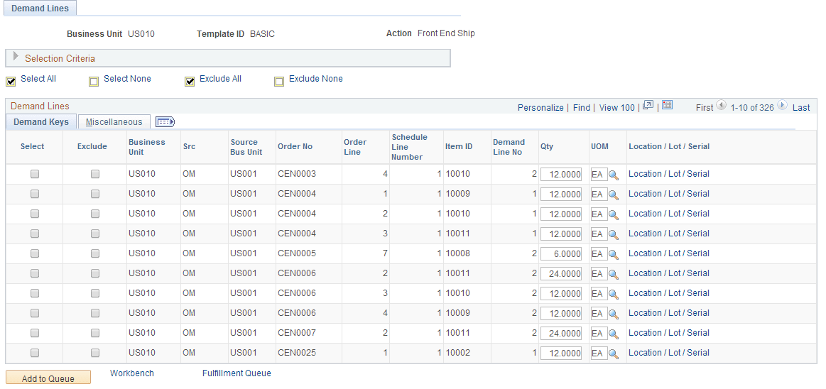Demand Lines page(A)of the Fulfillment Workbench page