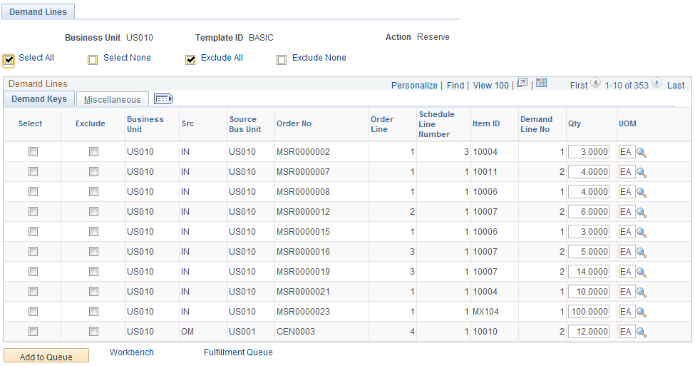 Demand Lines page of the Fulfillment Workbench