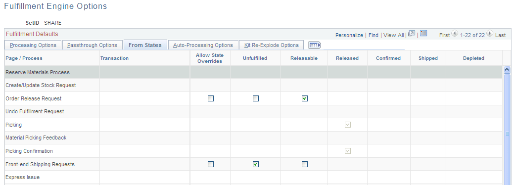 From States tab of the Fulfillment Engine Options page (page 1 of 2)