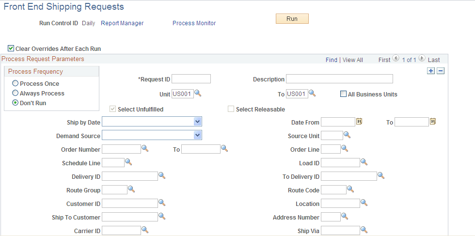 Front End Shipping Requests process page (page 1 of 2)