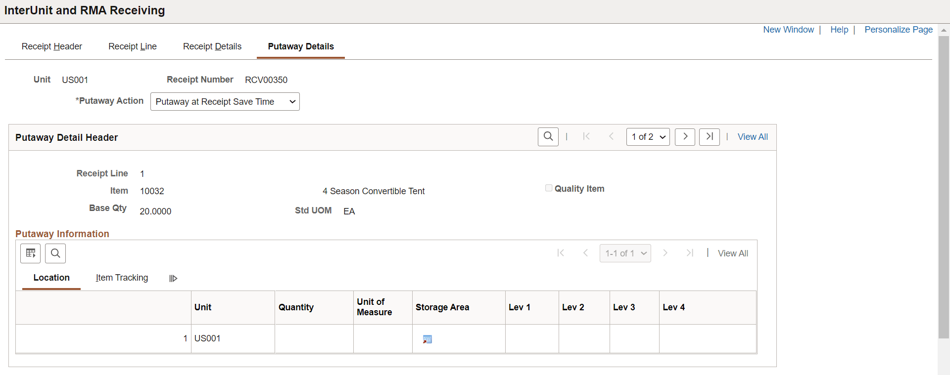 InterUnit and RMA Receiving - Putaway Details page