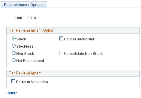 Inventory Definition - Business Unit Options: Replenishment Options page