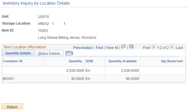Inventory Inquiry by Location Details page