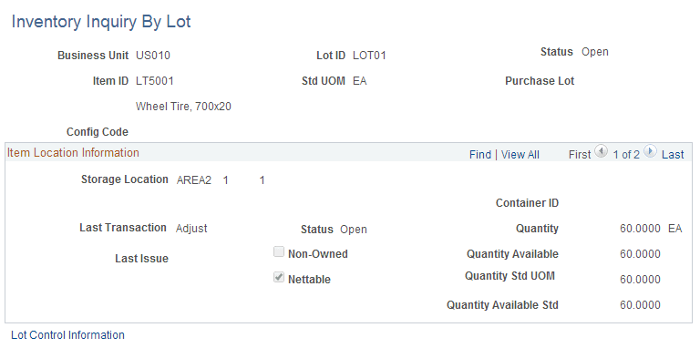 Inventory Inquiry by Lot page